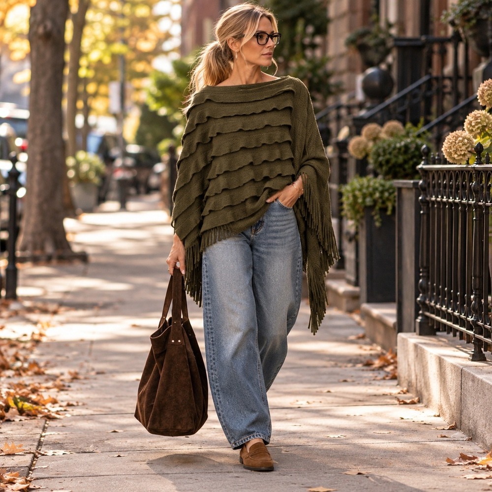 Max Edition Ruffle Fringe Poncho OS Olive Granola Glamping Campfire Travel Chic